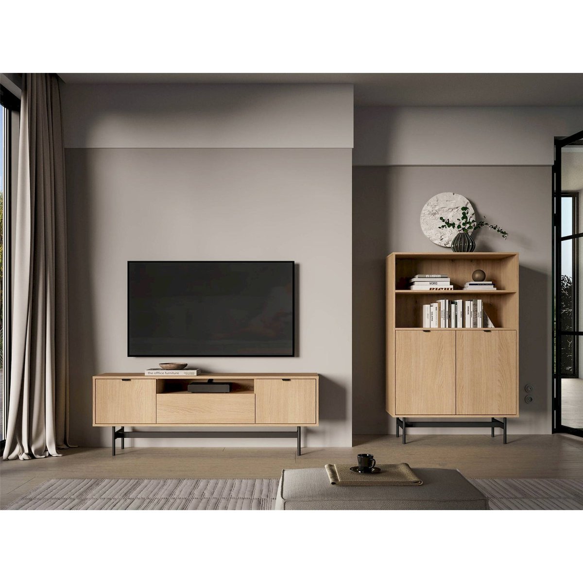 Meuble tv HEGGERS trois portes effet chêne chêne mavelie et noir, RECOLLECTION