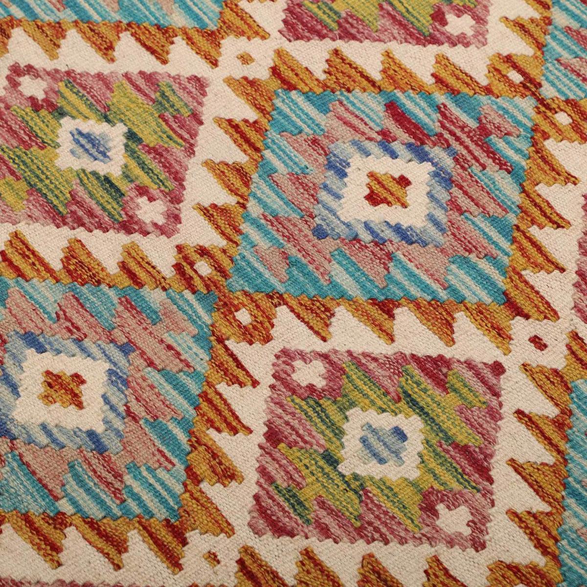 Tapis d'orient, motif géométrique authentique, tissé en laine, KILIM 6 multicolore, bleu, rouge, UN AMOUR DE TAPIS