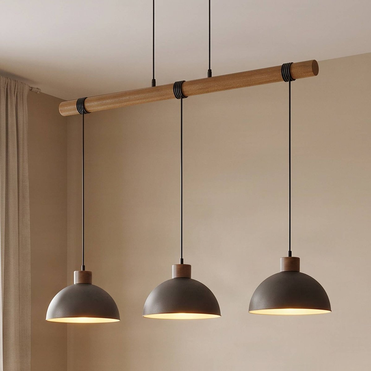 Suspension en métal industrielle, Holgar gris, bois clair, LINDBY