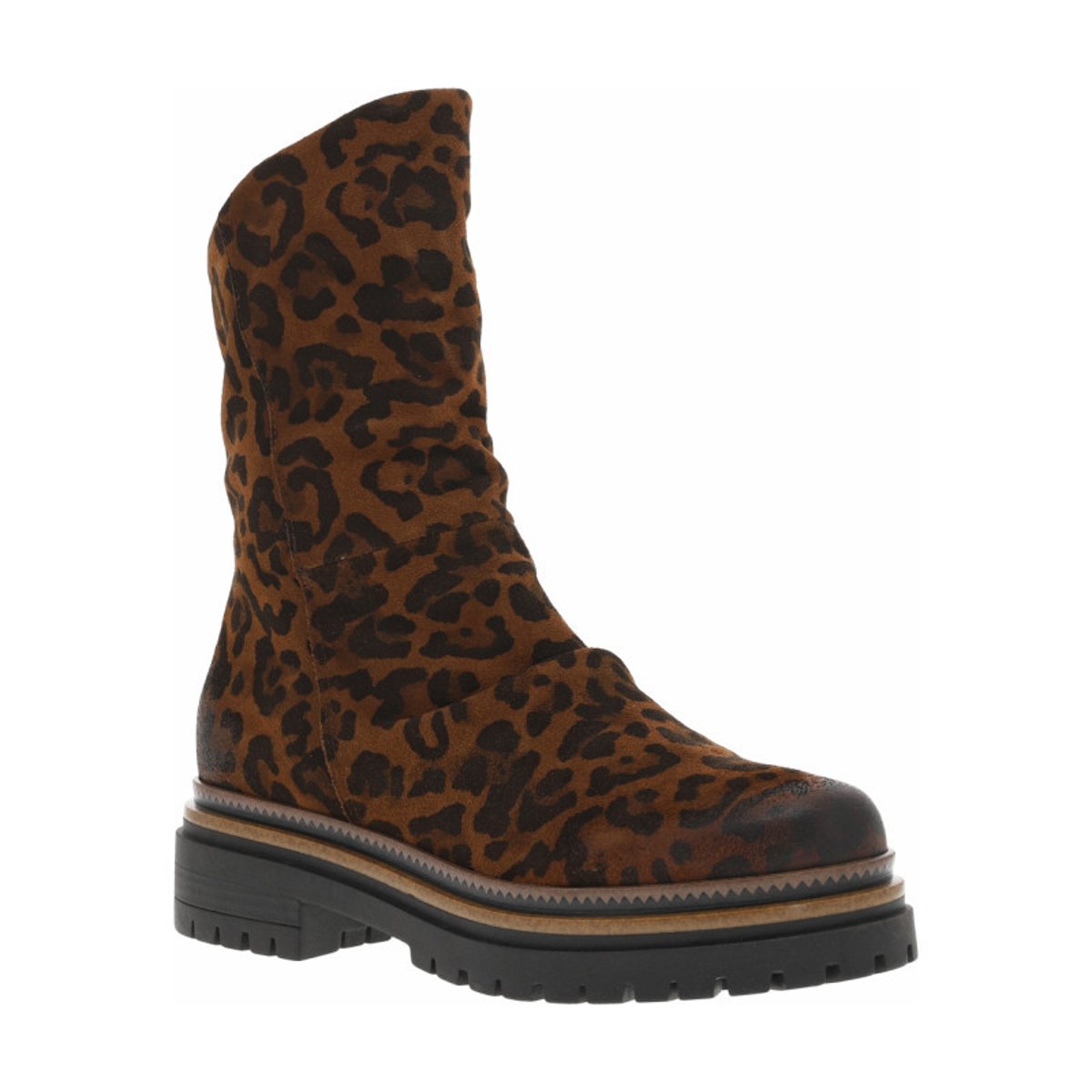 Bottes en cuir léopard avec semelle à talon plat et fermeture zippée léopard, MJUS