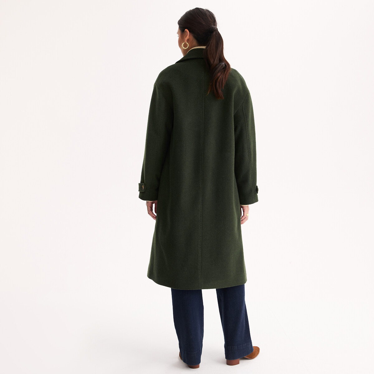 Manteau long, double boutonnage en laine mélangée italienne vert kaki, ANNE WEYBURN