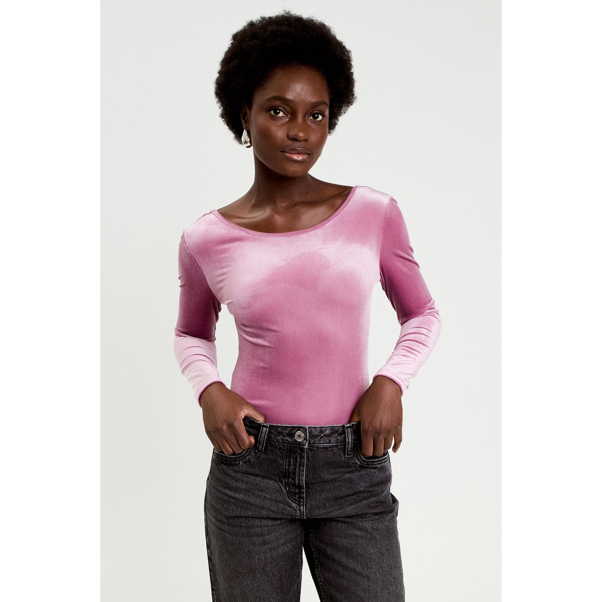 Body en velours décolleté dos rose clair, CACHE CACHE