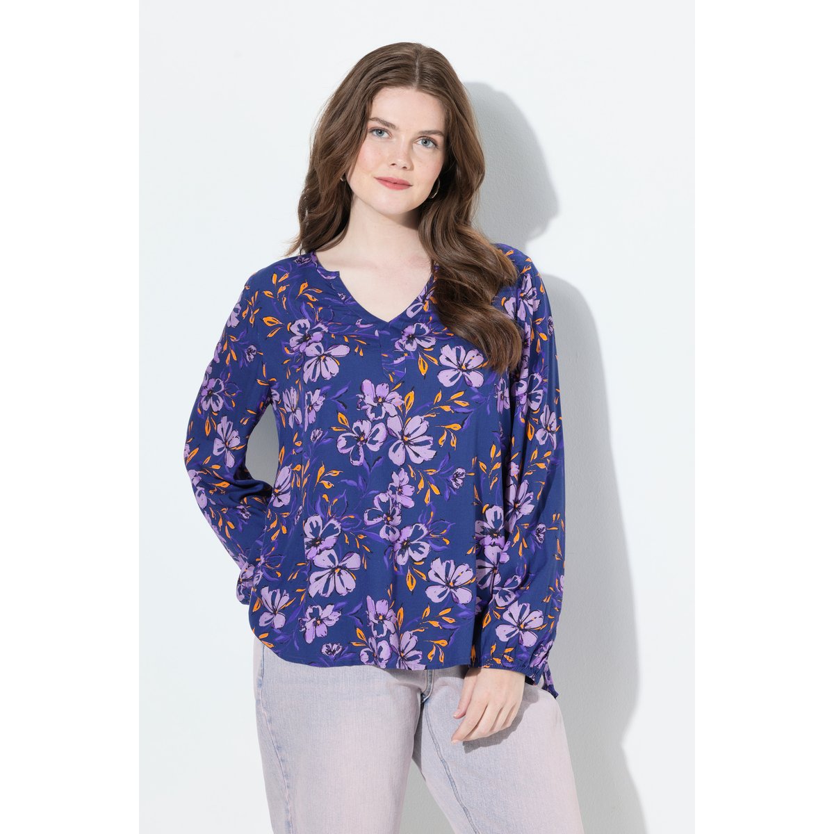 Blouse à fleurs, coupe évasée bleu foncé, ULLA POPKEN