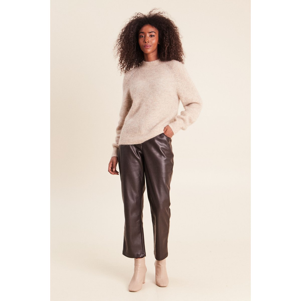 Pull droit col montant manches longues beige, BREAL