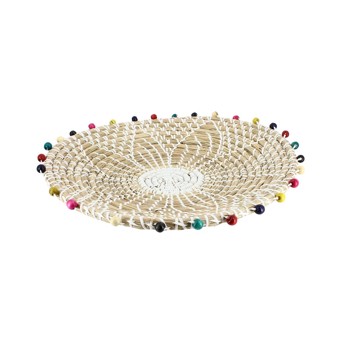 Panier rond en jonc de mer et perles de bois naturel, NOW'S HOME