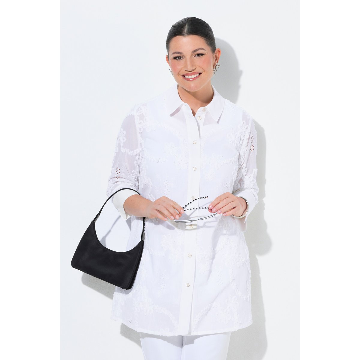 Chemisier long avec broderies blanc neige, ULLA POPKEN