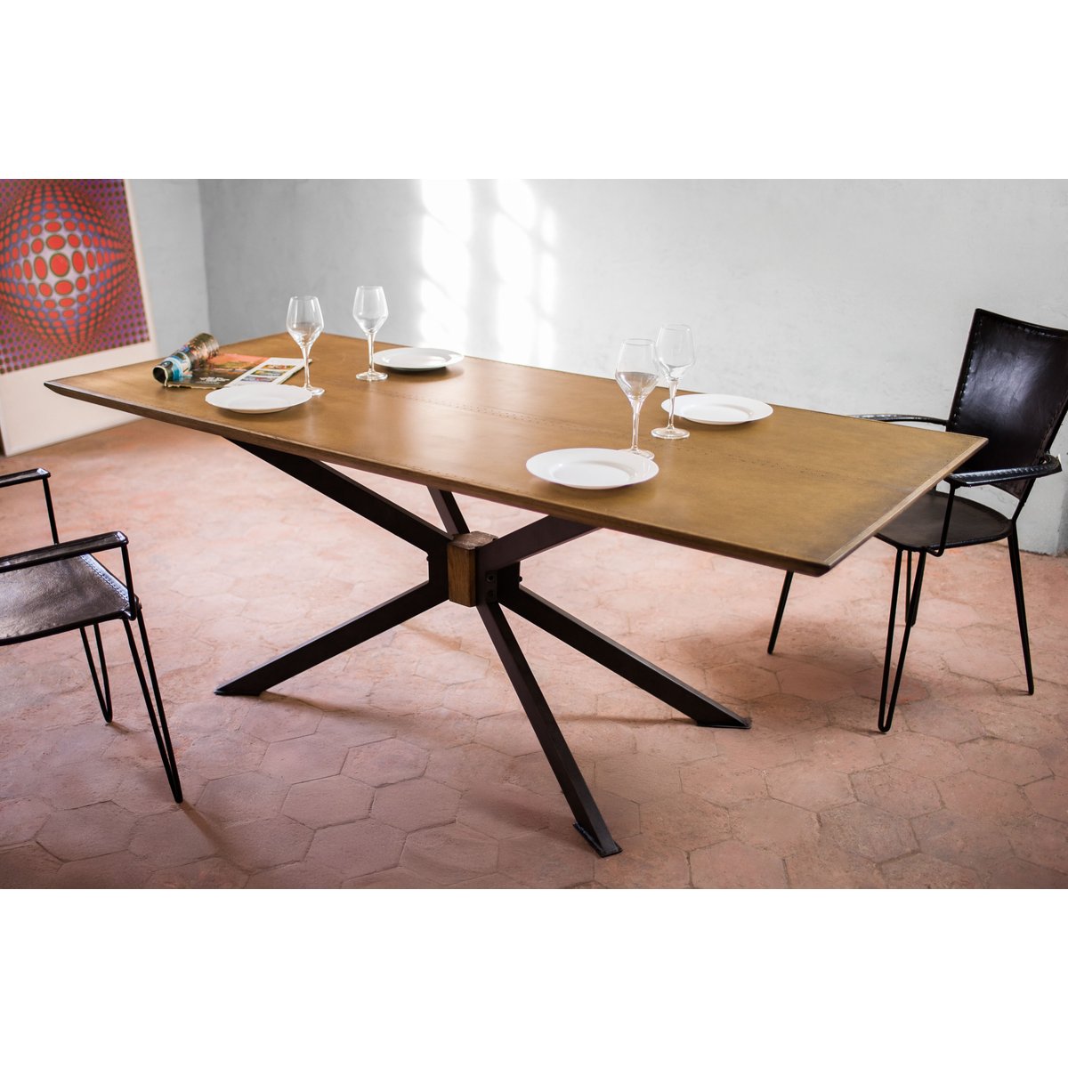 Table de repas en laiton et chêne LIVERPOOL marron clair, PRODUIT INTERIEUR BRUT