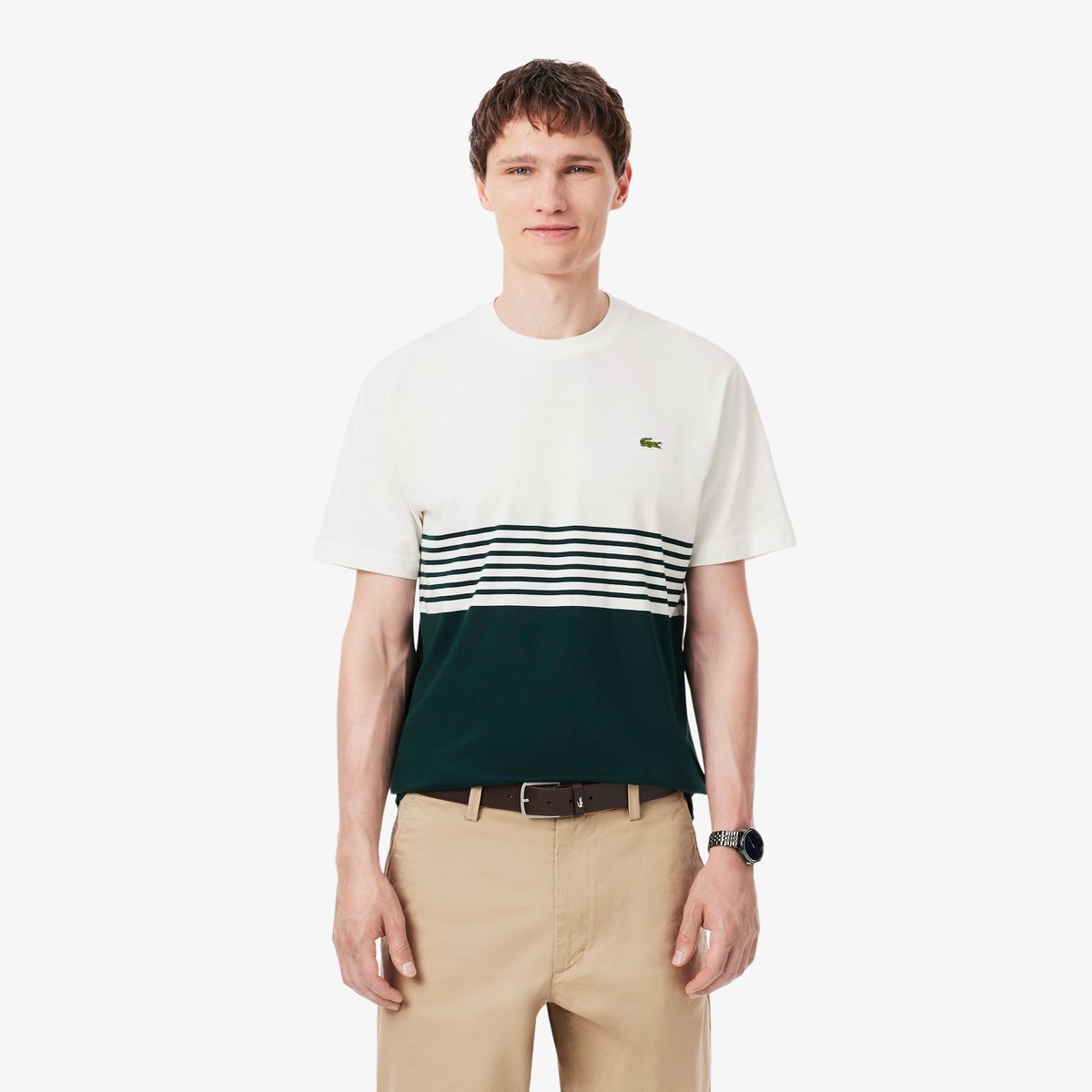 T-shirt jersey rayé color-block blanc-0lp, LACOSTE