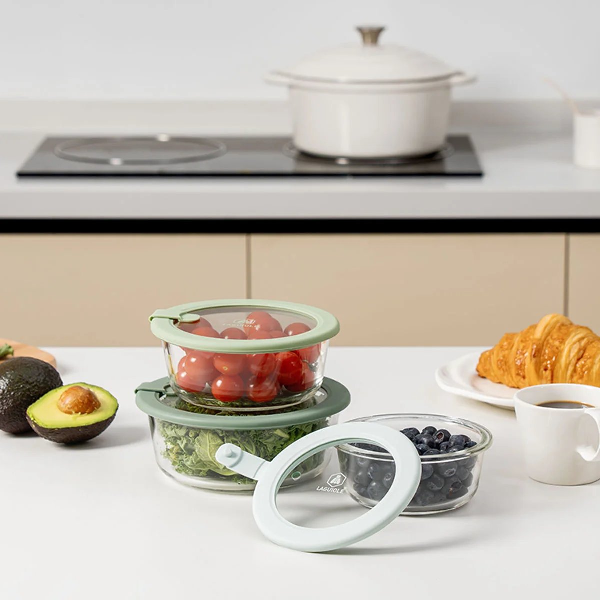 Lot de 3 boîtes en verre rectangulaires avec couvercles (400, 650, 950 ml) - Pure vert, LAGUIOLE CUISSON