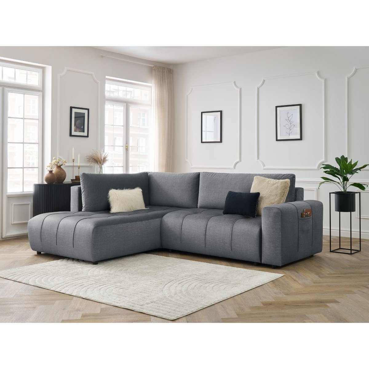 Canapé d'angle convertible 3 places en velours, ARSENE gris foncé, BOBOCHIC