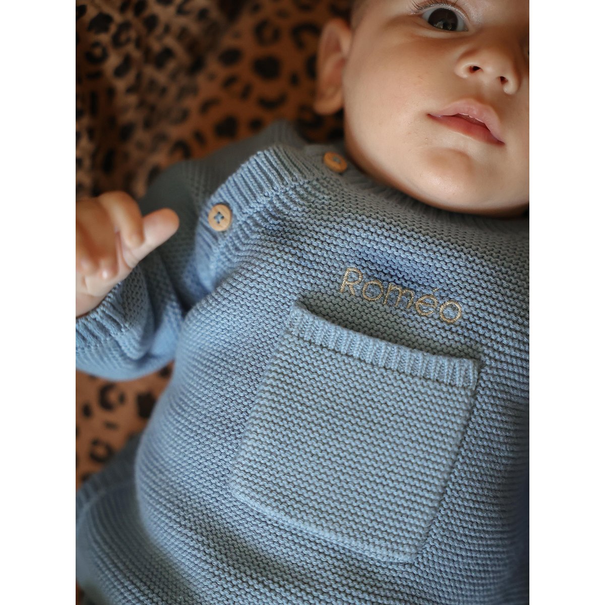 Ensemble naissance en tricot bleu glacier, ENVIE DE FRAISE
