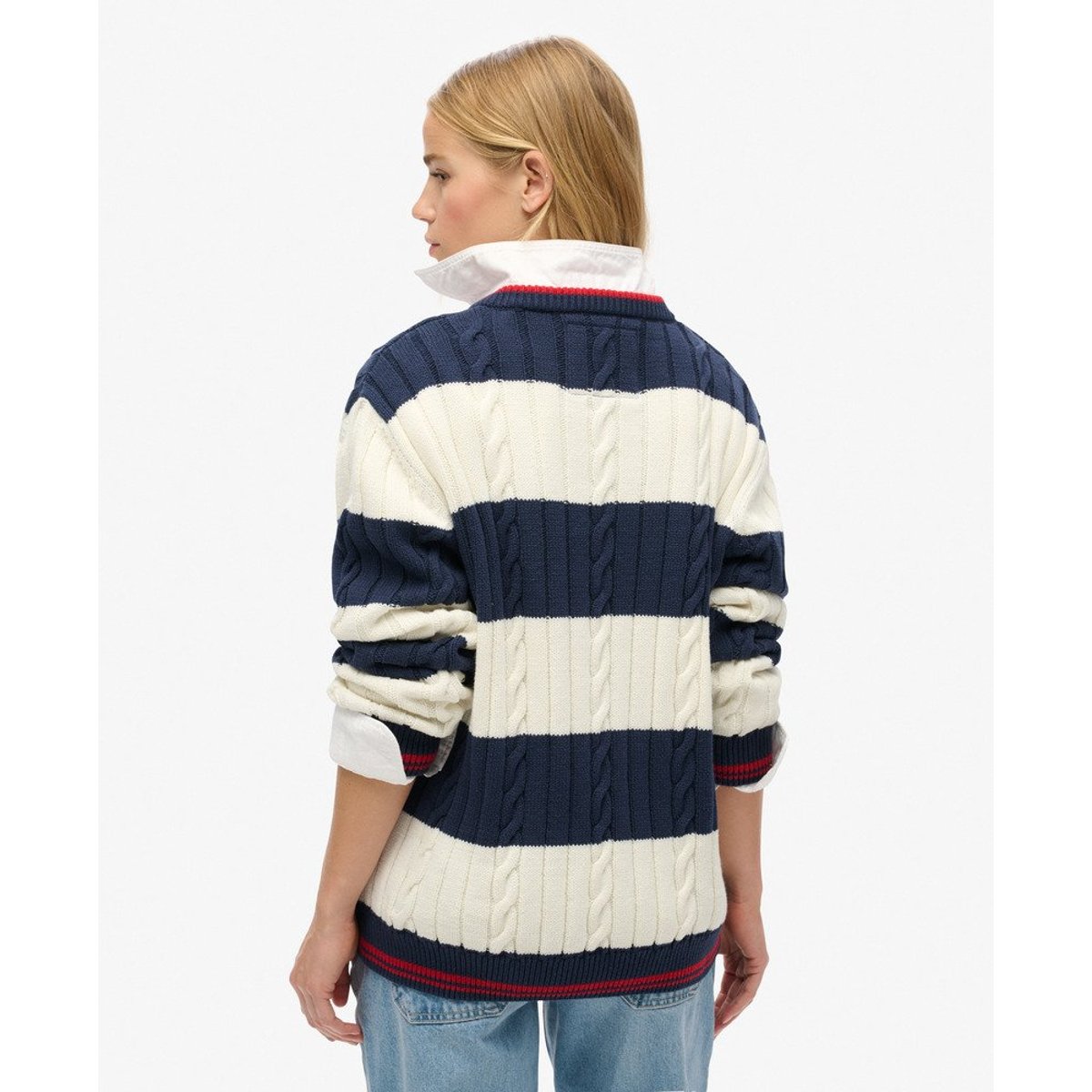 Pull oversize torsadé et rayé à col V rayé bleu marine profond, SUPERDRY