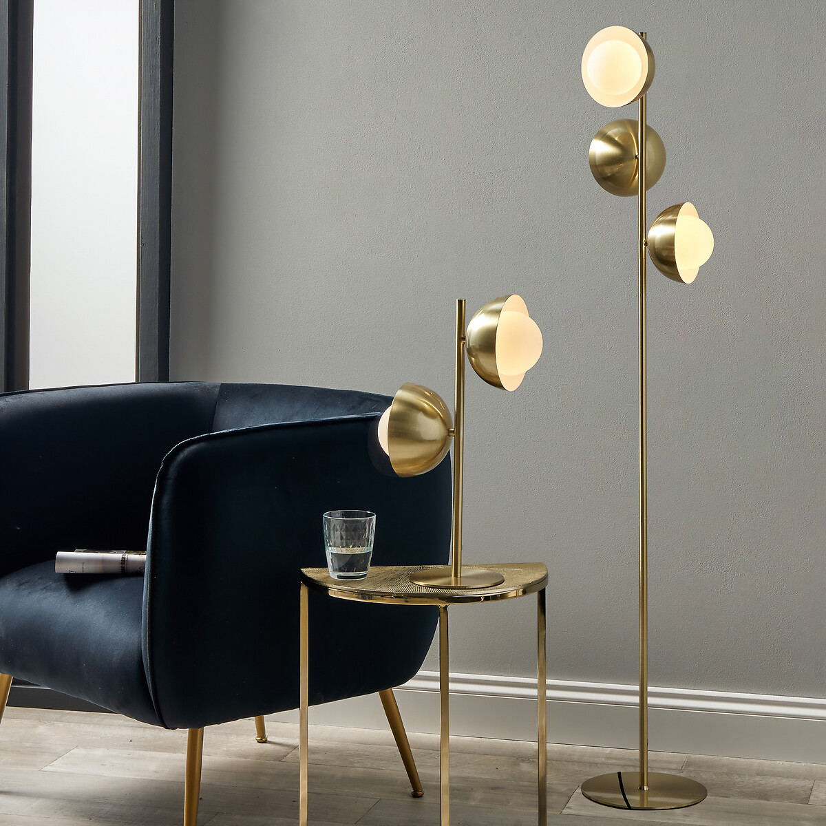 Emery 3-Light Glass Orb Dome Floor Lamp in Brushed Brass brass, SO'HOME