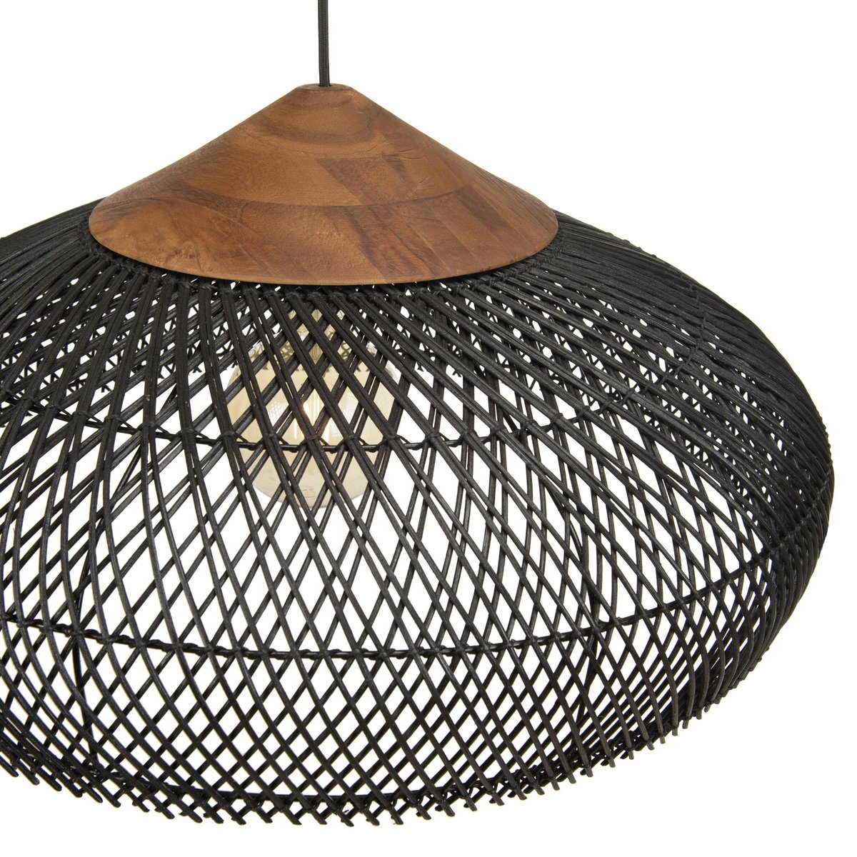 Suspension ronde 65cm en rotin et teck FOLELLI noir, PIER IMPORT
