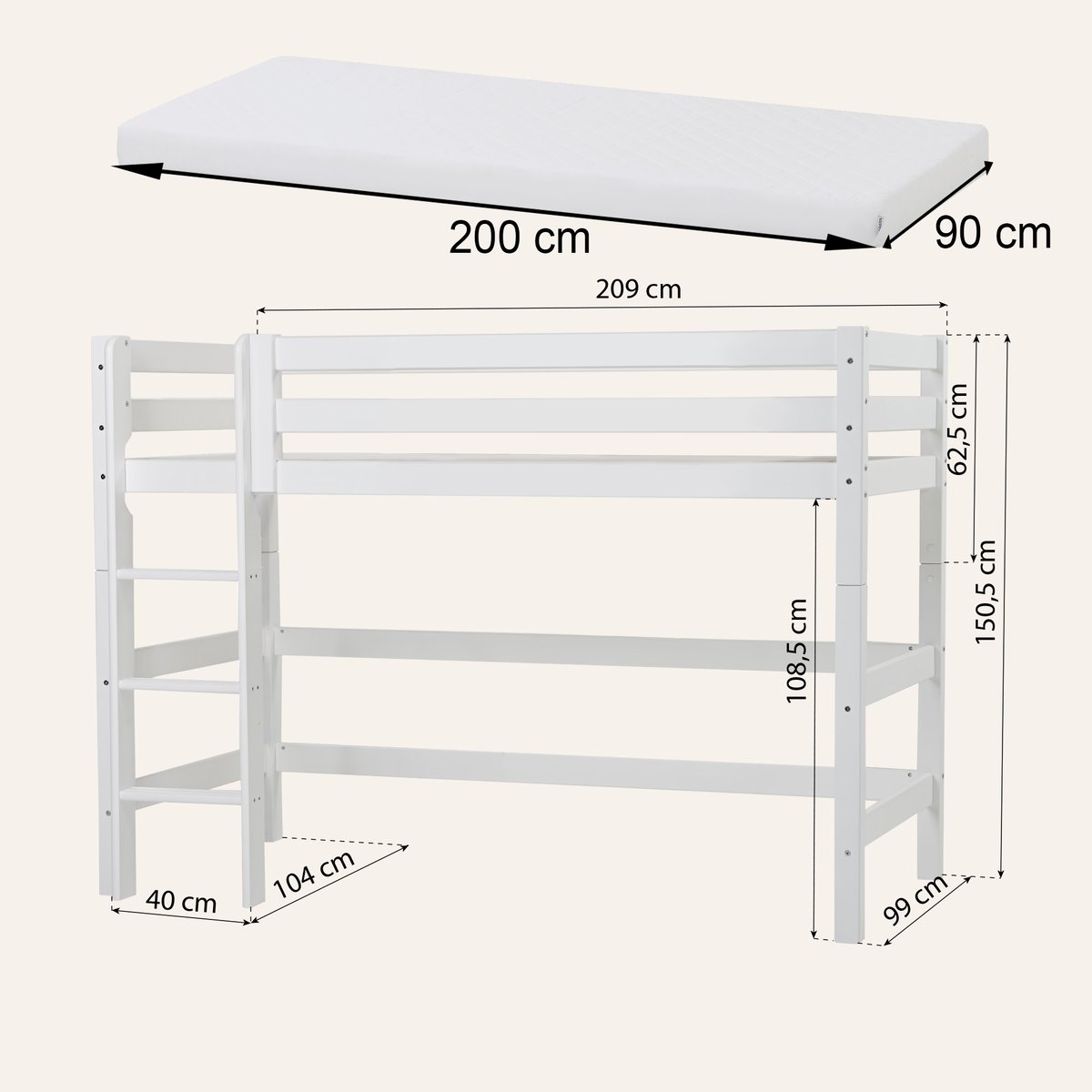 Lit Mi Hauteur pin massif ECO LUXURY blanc, HOPPEKIDS