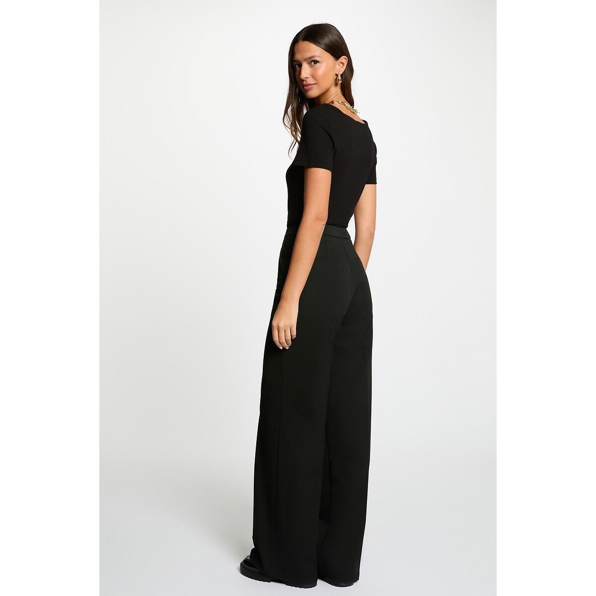 T-shirt a maniche corte con scollo quadrato nero , MORGAN