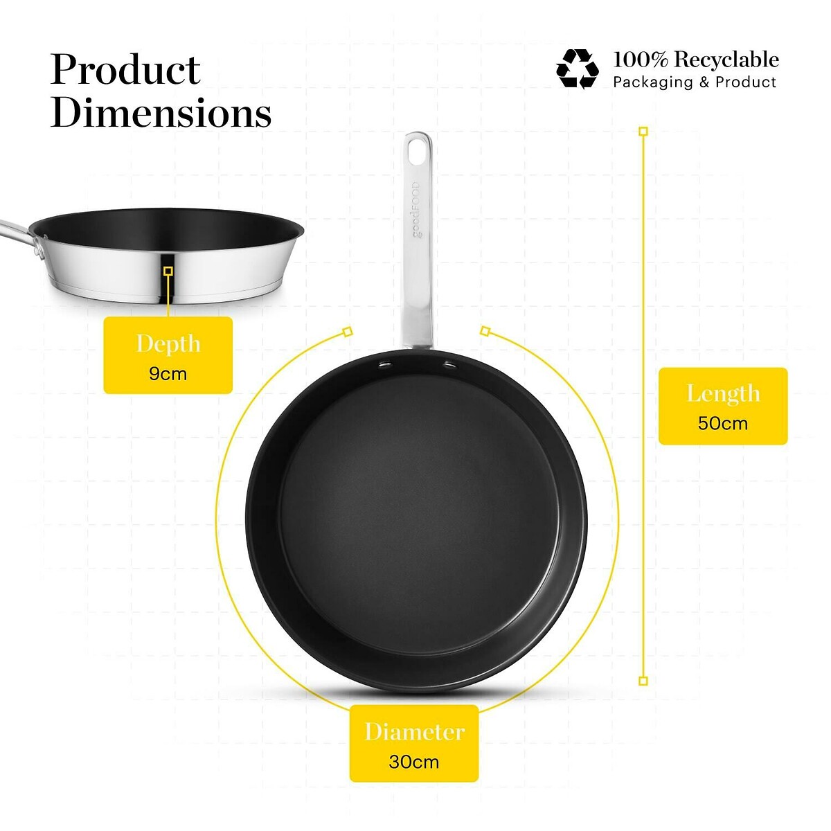 30cm Stainless Steel Frying Pan silver-coloured, GOOD FOOD BY TOWER