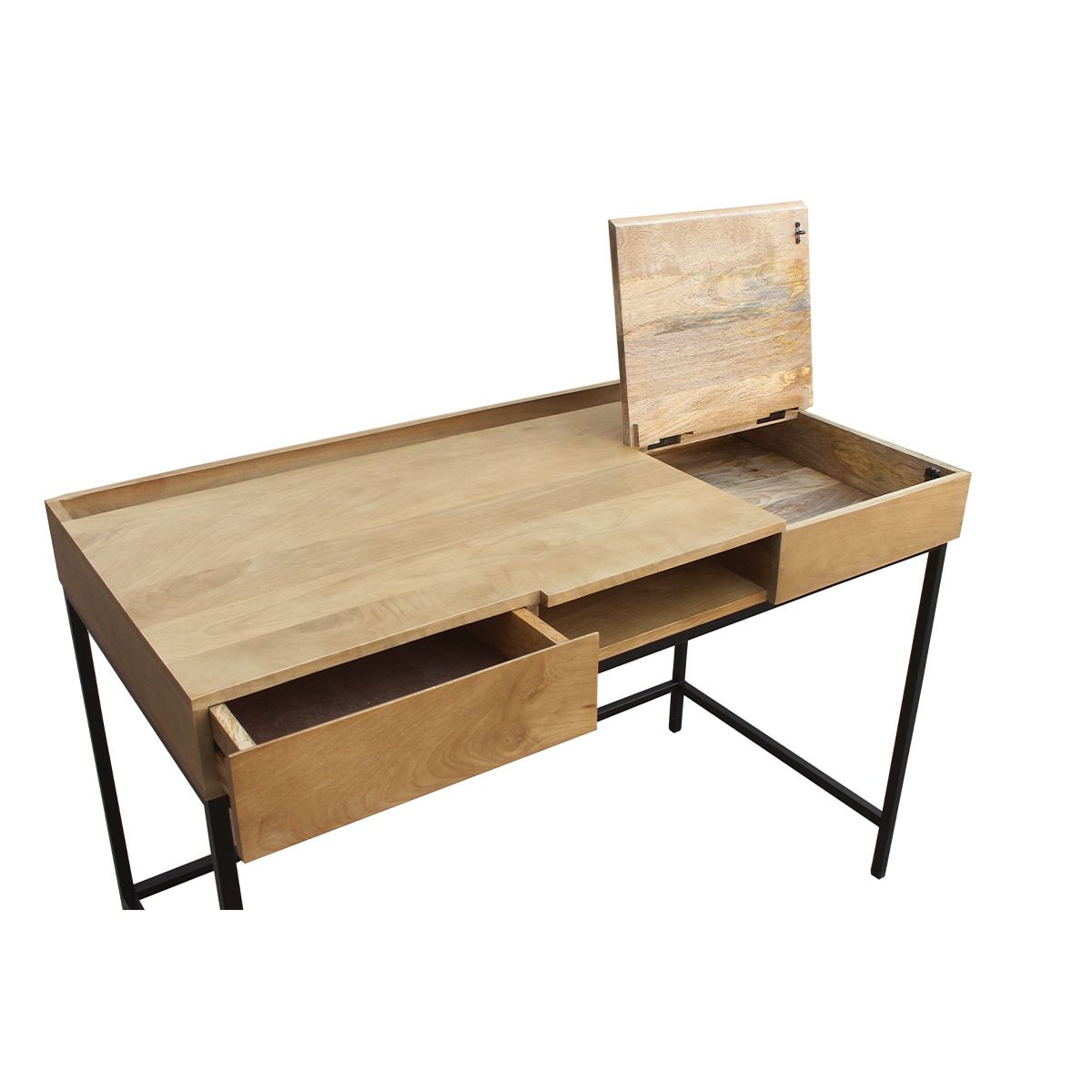 Bureau à rangements industriel bois manguier massif et métal noir L118 cm YPSTER bois clair / noir, MILIBOO