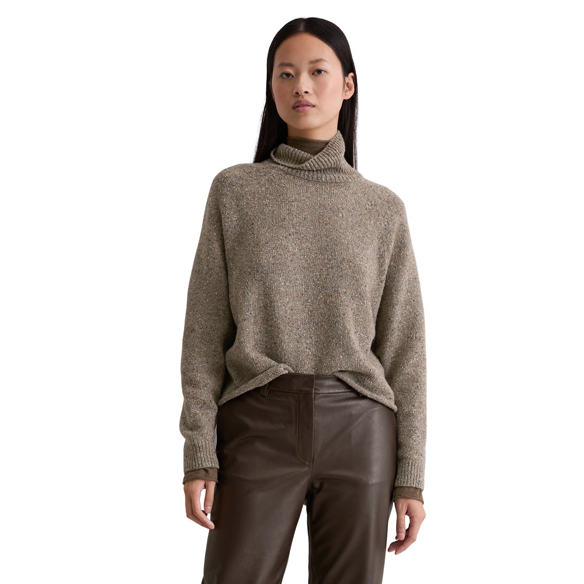 Pull en tweed régulier en mélange de laine vierge brun foncé, MARC O'POLO