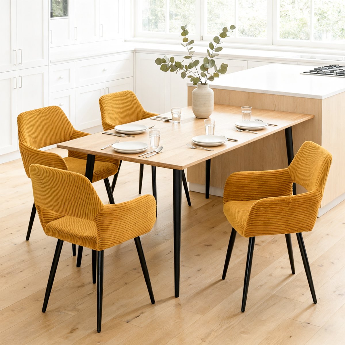 Lot de 4 chaises de salle à manger velours côtelé scandinave, CROMWELL jaune, MEUBLES COSY