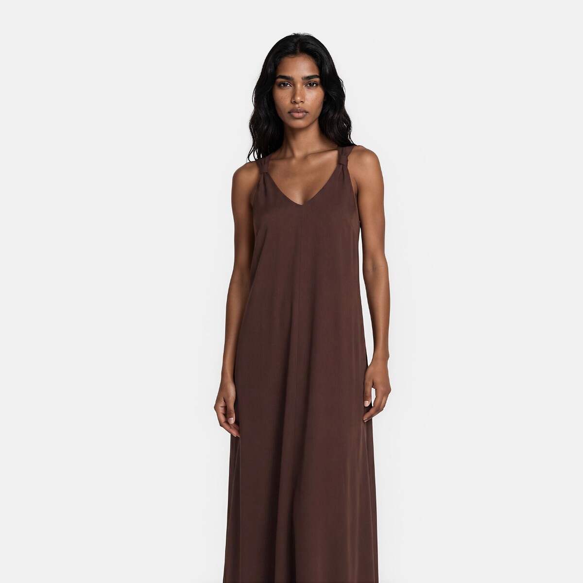 Robe longue évasée col V sans manches marron, LA REDOUTE COLLECTIONS