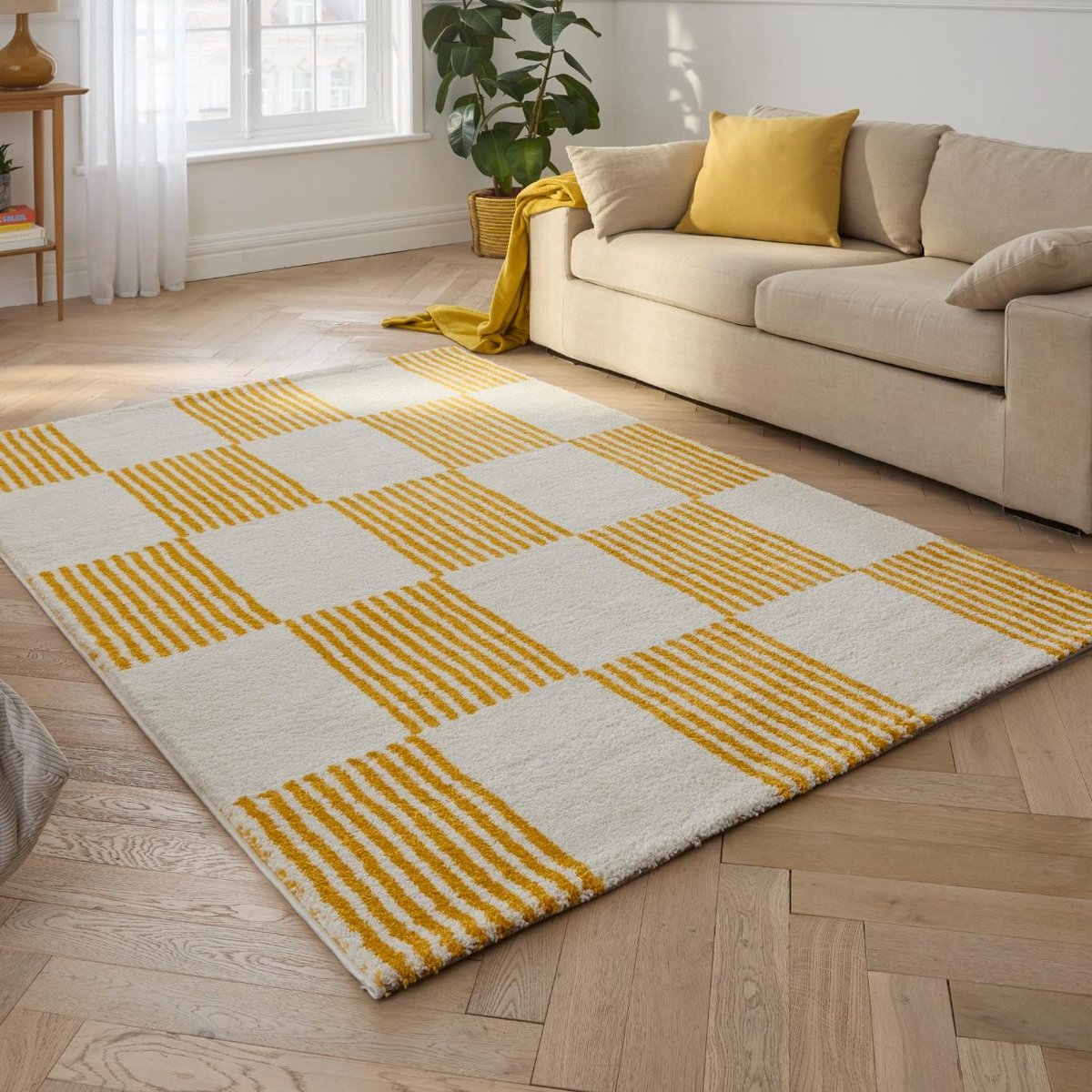 Tapis d'intérieur vintage à damier rayure GROOVY jaune, NAZAR RUGS