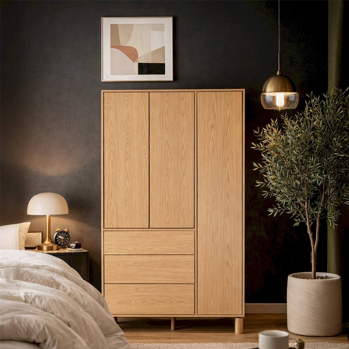 Armoire 3 portes 3 tiroirs collection SANDEN décor chêne bookmatch, RECOLLECTION