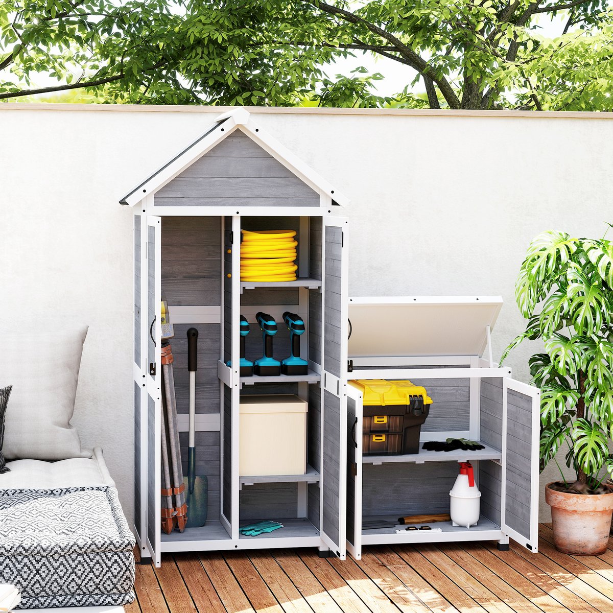 Ensemble armoire de jardin avec coffre extérieur assorti bois gris, OUTSUNNY