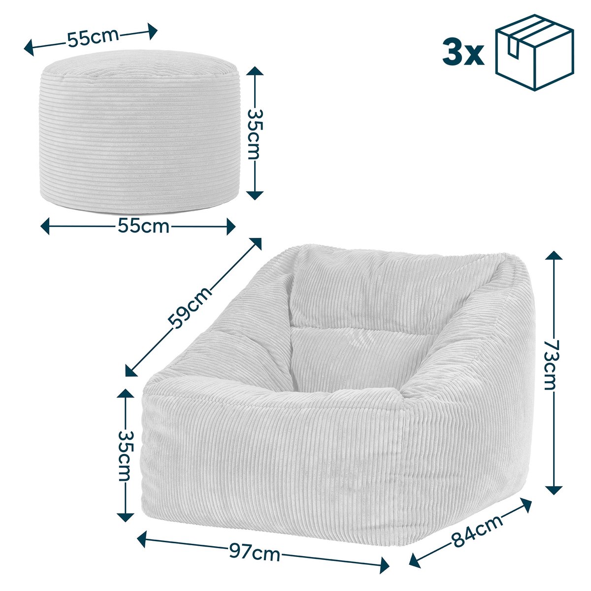 Pouf fauteuil salon et son repose-pied rond velours côtelé Oeko-Tex® - NATALIA beige galet, ICON