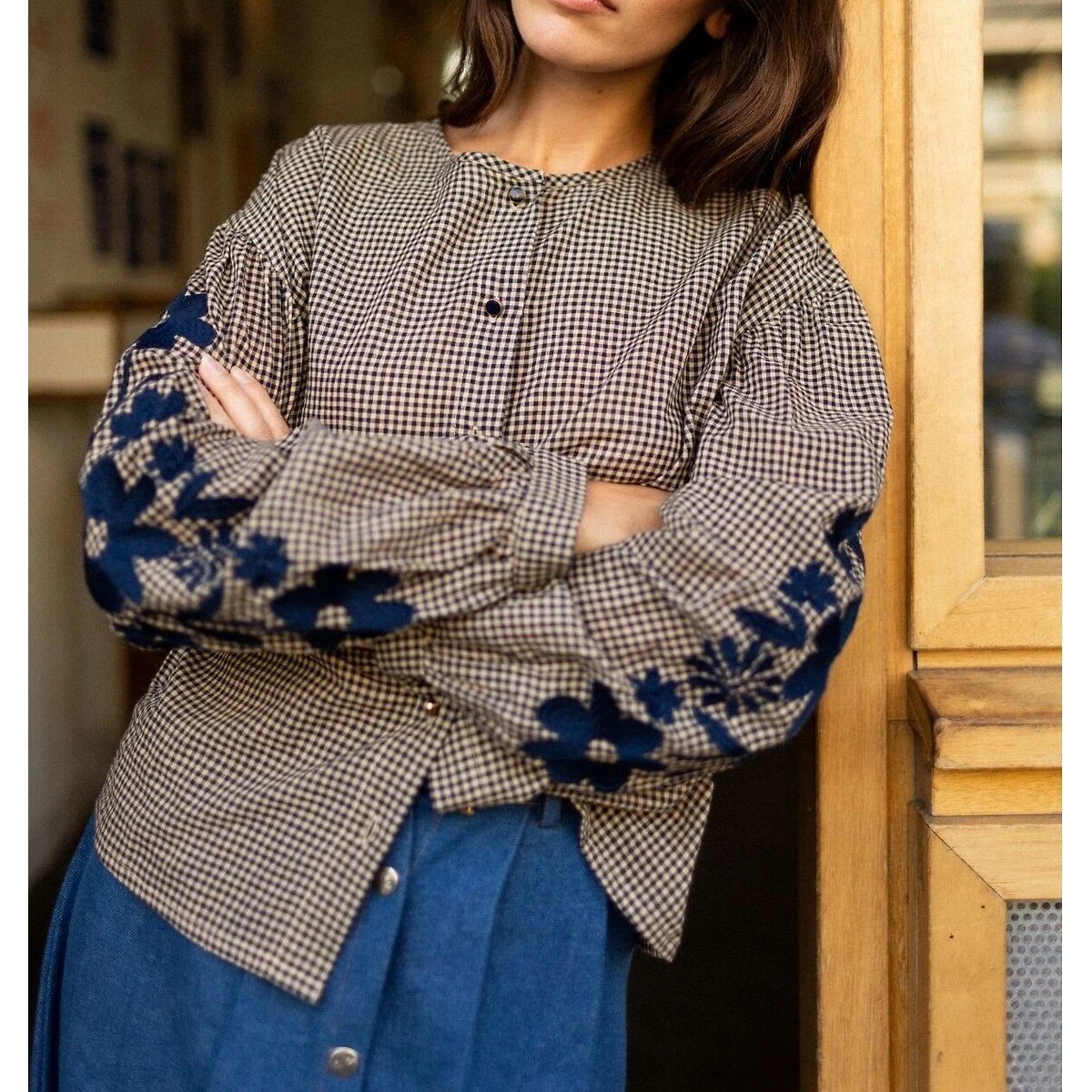 Binu Checked Embroidered Blouse check print, APACHES COLLECTIONS