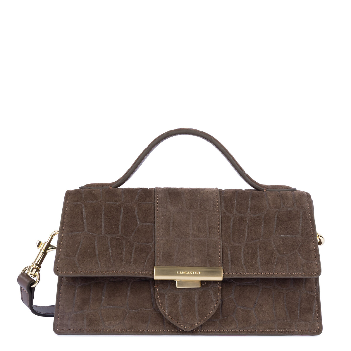Sac à main en cuir de vachette suède, motif croco  marron, LANCASTER