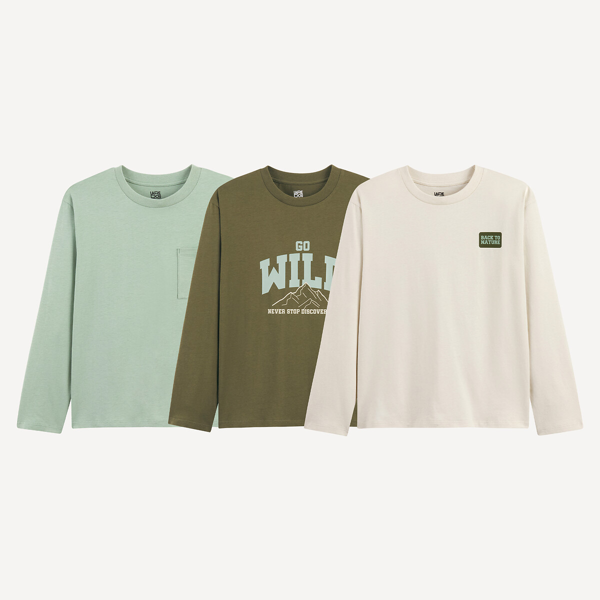 Lot de 3 T-shirts manches longues vert kaki + écru + vert, LA REDOUTE COLLECTIONS