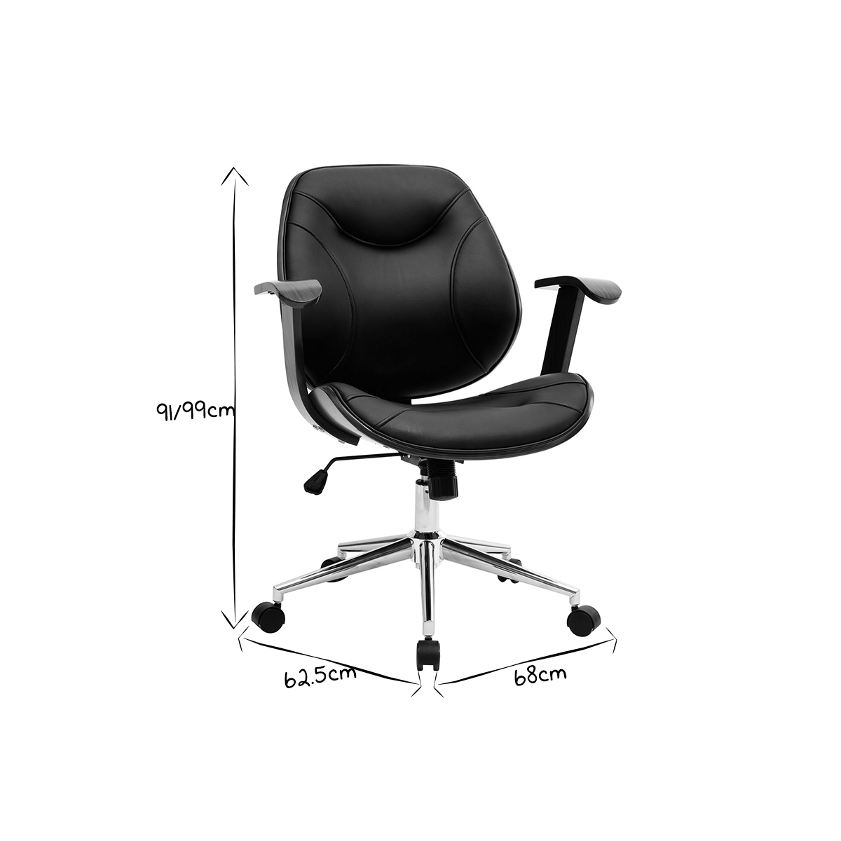 Chaise de bureau à roulettes design en tissu effet velours texturé beige, bois foncé et acier chromé YORKE noyer / noir, MILIBOO