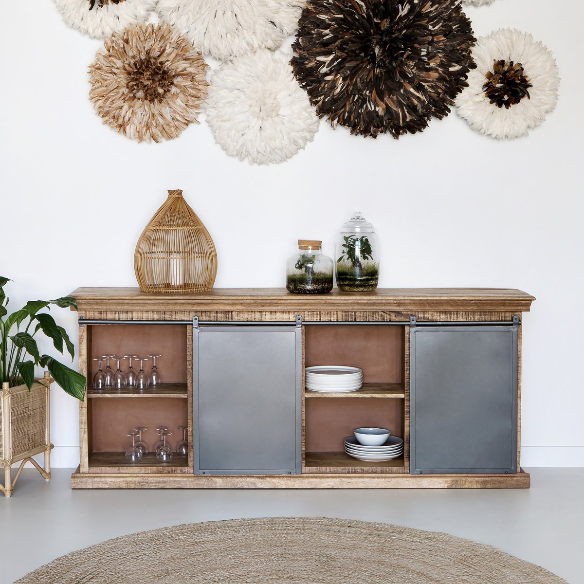 Grand buffet en bois et métal 3 portes 3 tiroirs - TABUK bois foncé et métal gris foncé, MAISON PAVANE