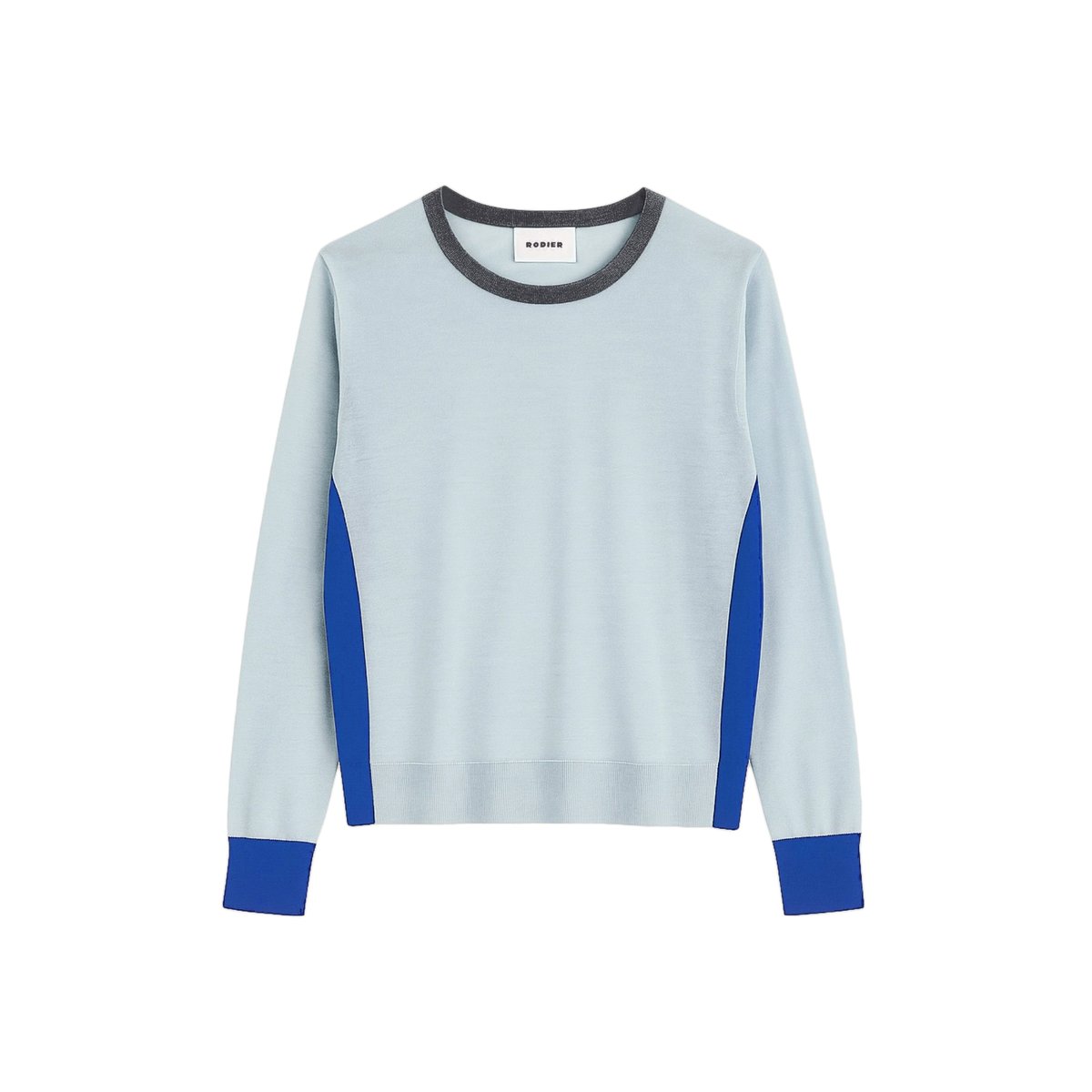 Pull col rond tricolore en laine mérinos turquoise clair, RODIER
