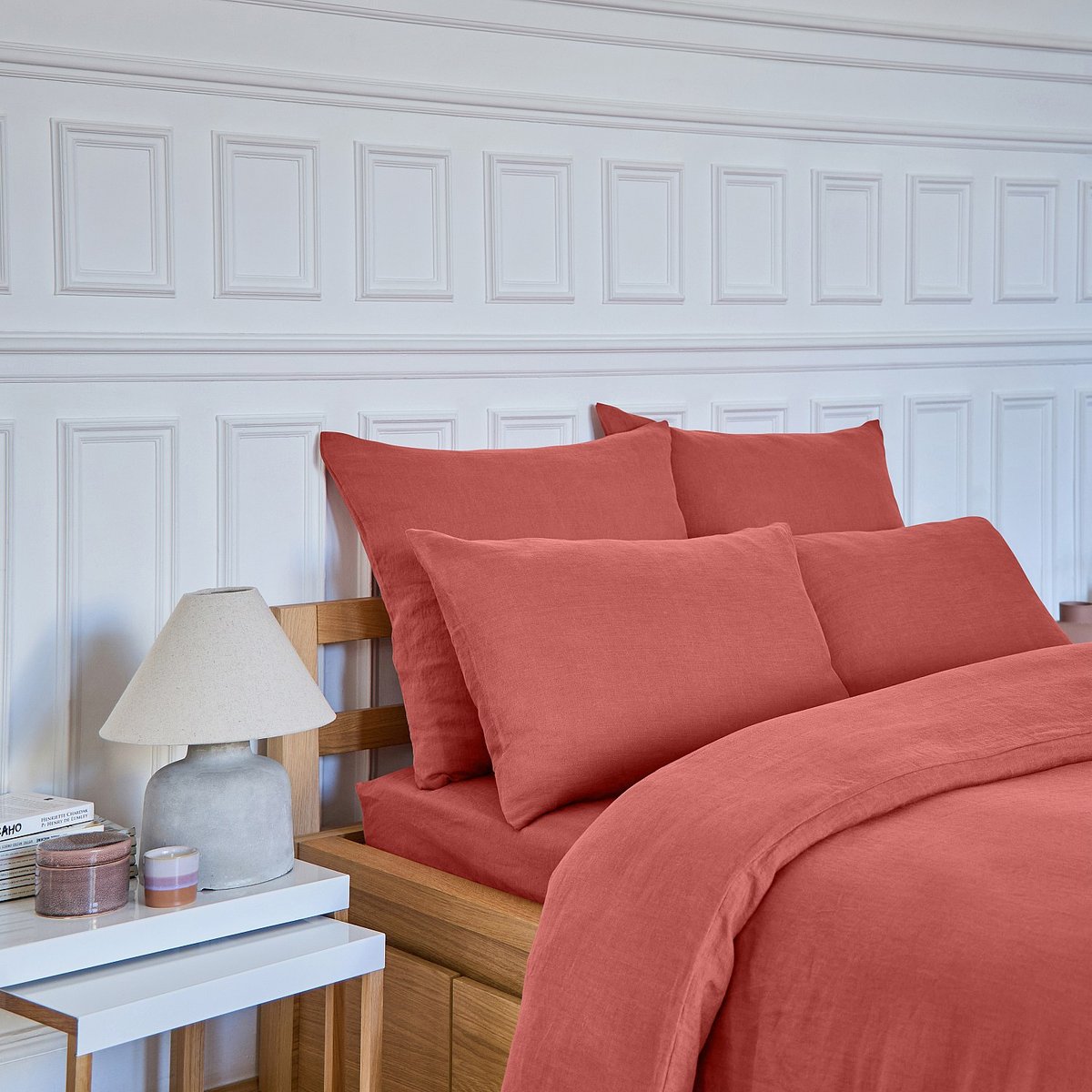 Drap housse en lin BRUNELLE terracotta, HABITAT