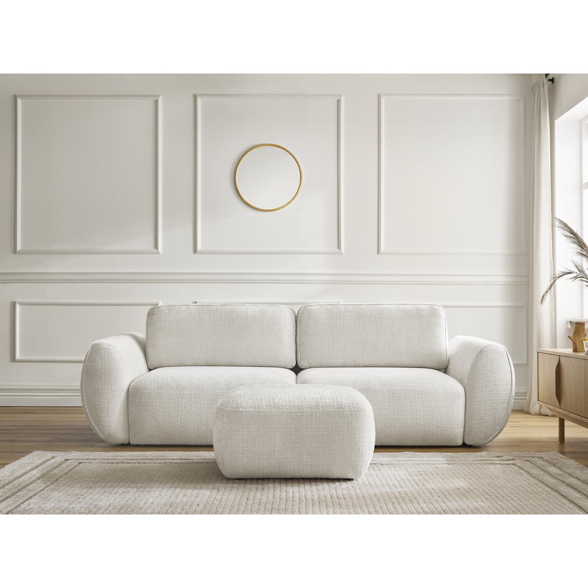Canapé droit convertible 3 places en tissu texturé avec pouf, DENISE blanc, BOBOCHIC