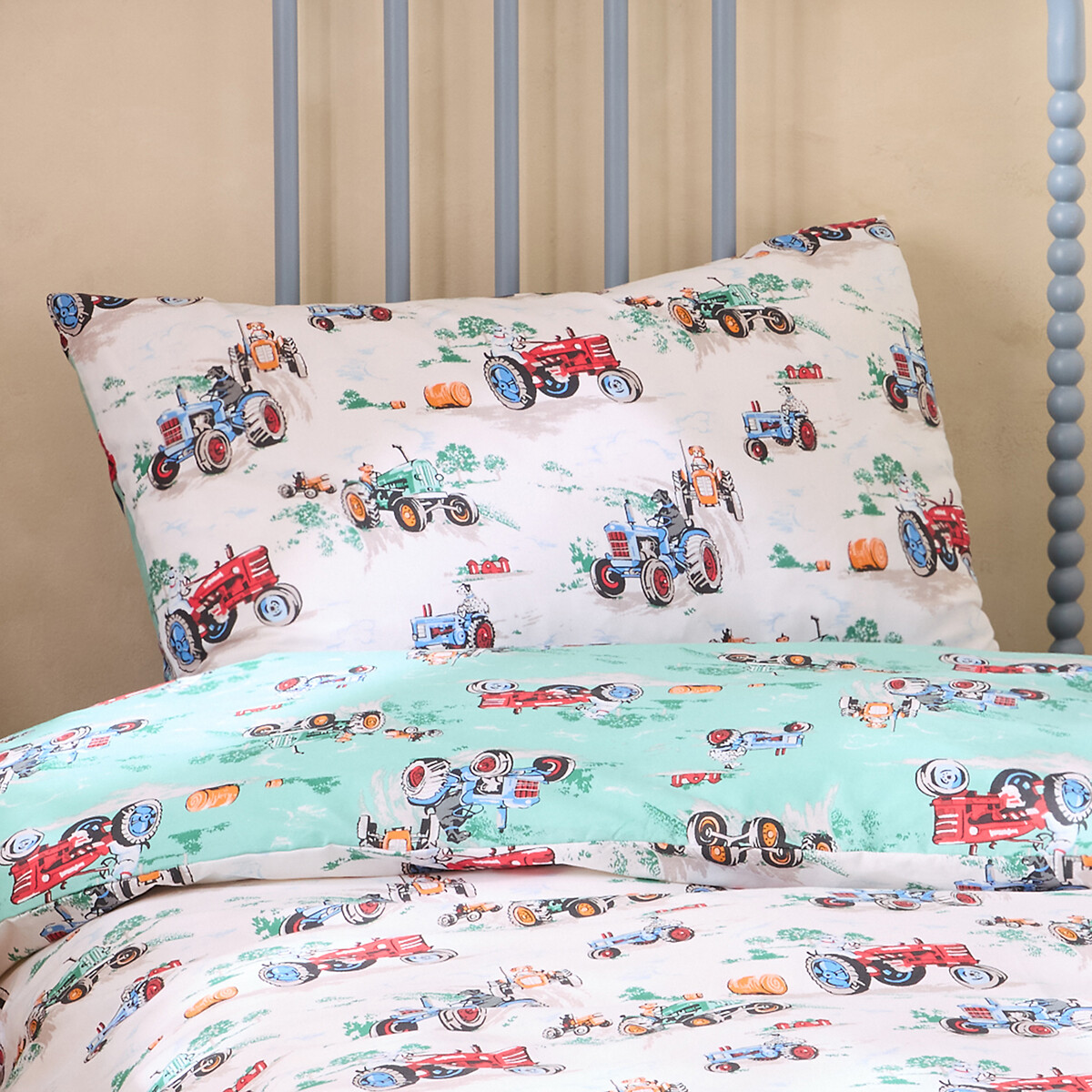 Vintage Tractors Reversible Duvet Cover and Pillowcase Set cream, CATH KIDSTON