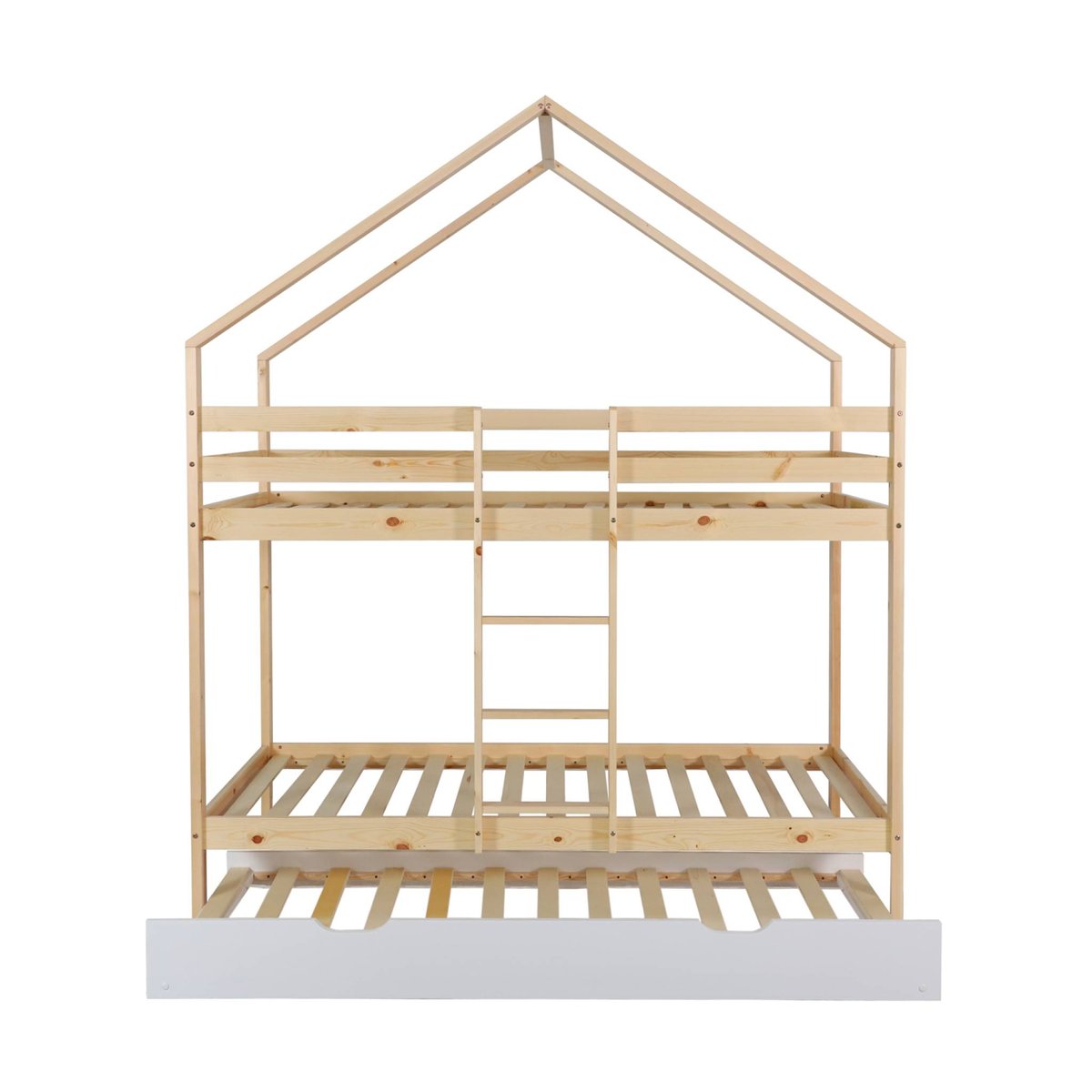 Lit enfant superposé cabane 90 x 190 cm pin naturel avec lit tiroir ROYA blanc, SWEEEK