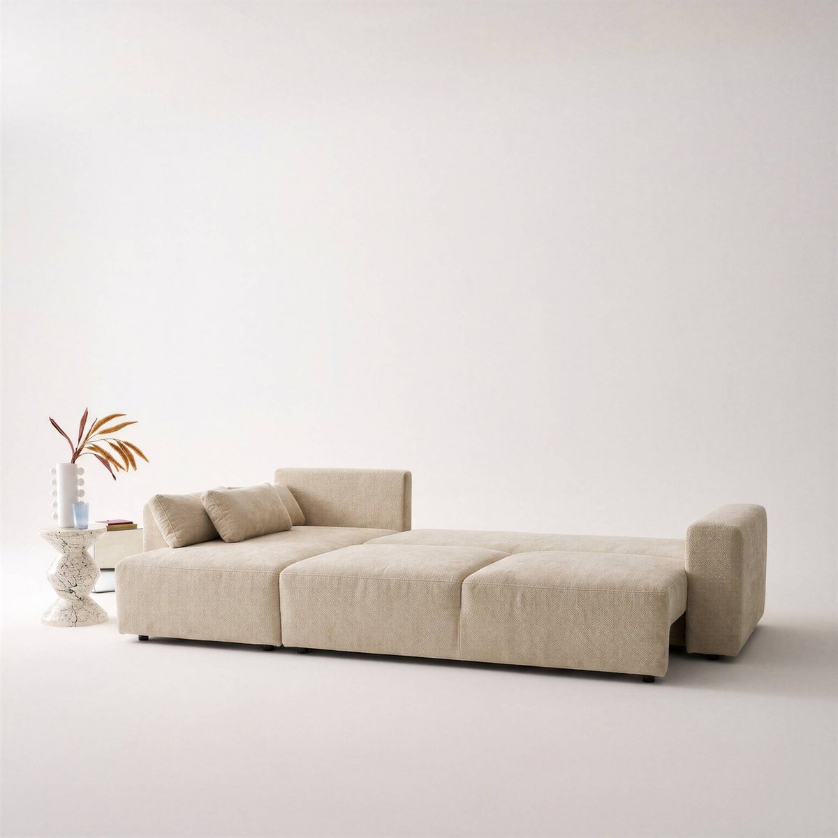 Canapé d'angle convertible réversible 3 places tissu chenille avec coffre THEO beige, SWEEEK