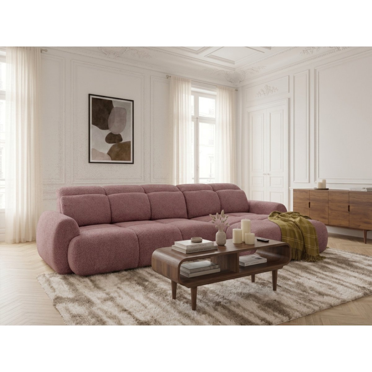 Canapé d'angle convertible 3 places en tissu chenille, RUBY rouge, BOBOCHIC