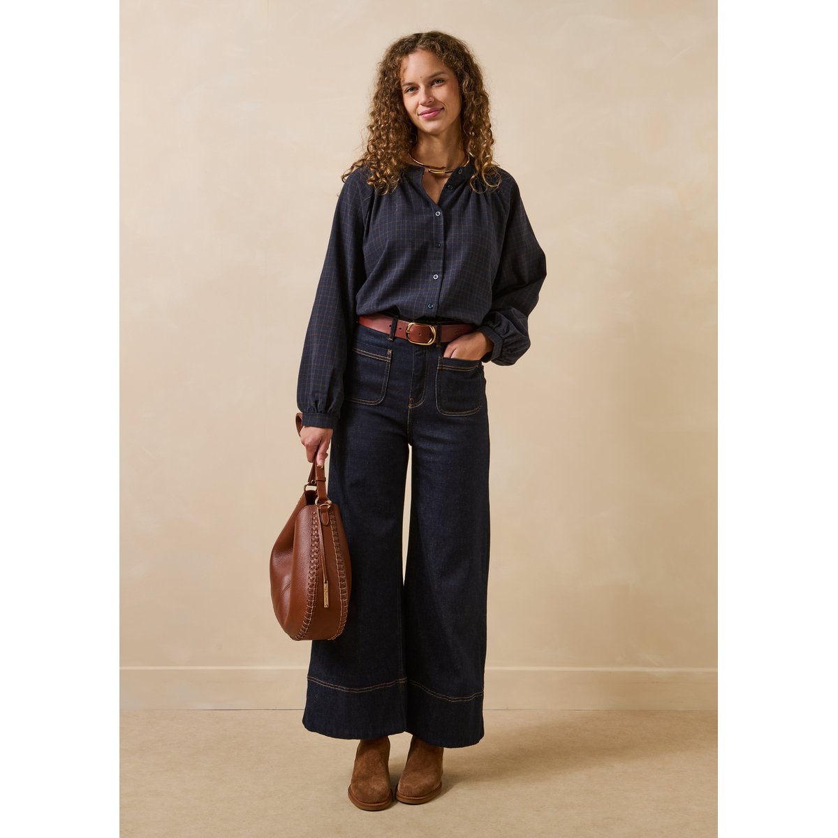 Chemise ample à carreaux en flanelle de coton marine, LA FEE MARABOUTEE