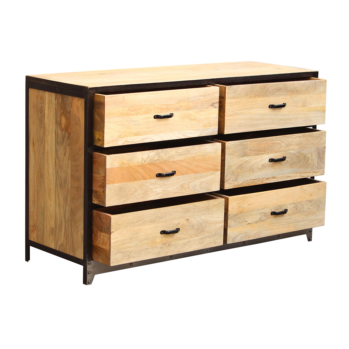 Commode industrielle en bois manguier massif et métal noir 6 tiroirs L130 cm INDUSTRIA bois clair / noir, MILIBOO