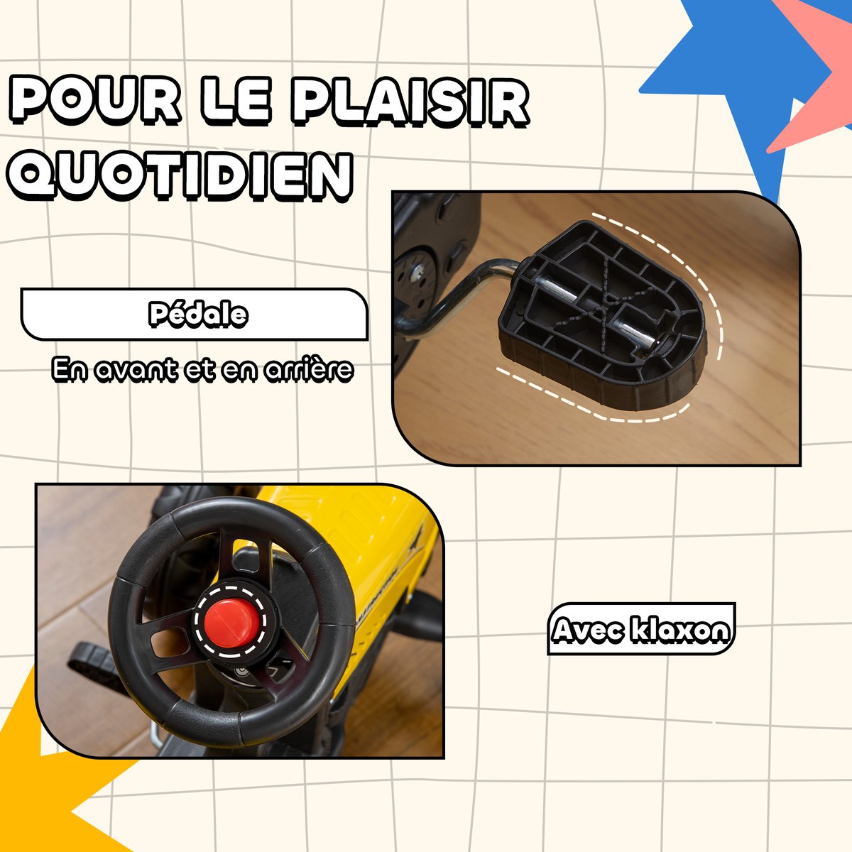 Voiture de chantier à pédales pour enfants jaune, HOMCOM