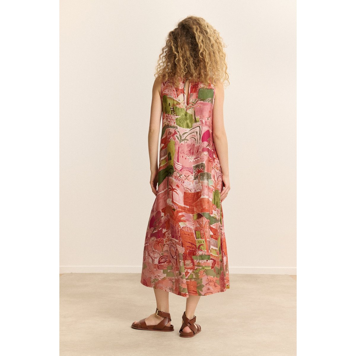 Robe midi sans manches imprimée CAMELIA rose, GARANCE PARIS 