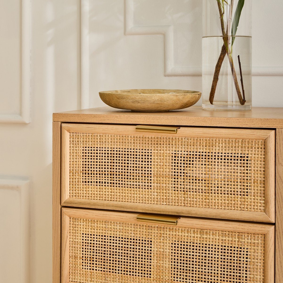 Chiffonnier 5 tiroirs façades en rotin naturel - L36.5 x H100.5 cm - MIYA bois clair, CALICOSY