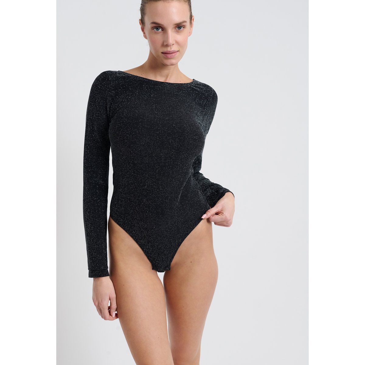Body dos nu à manches longues irisé AMANDE SHINY argent, ETAM