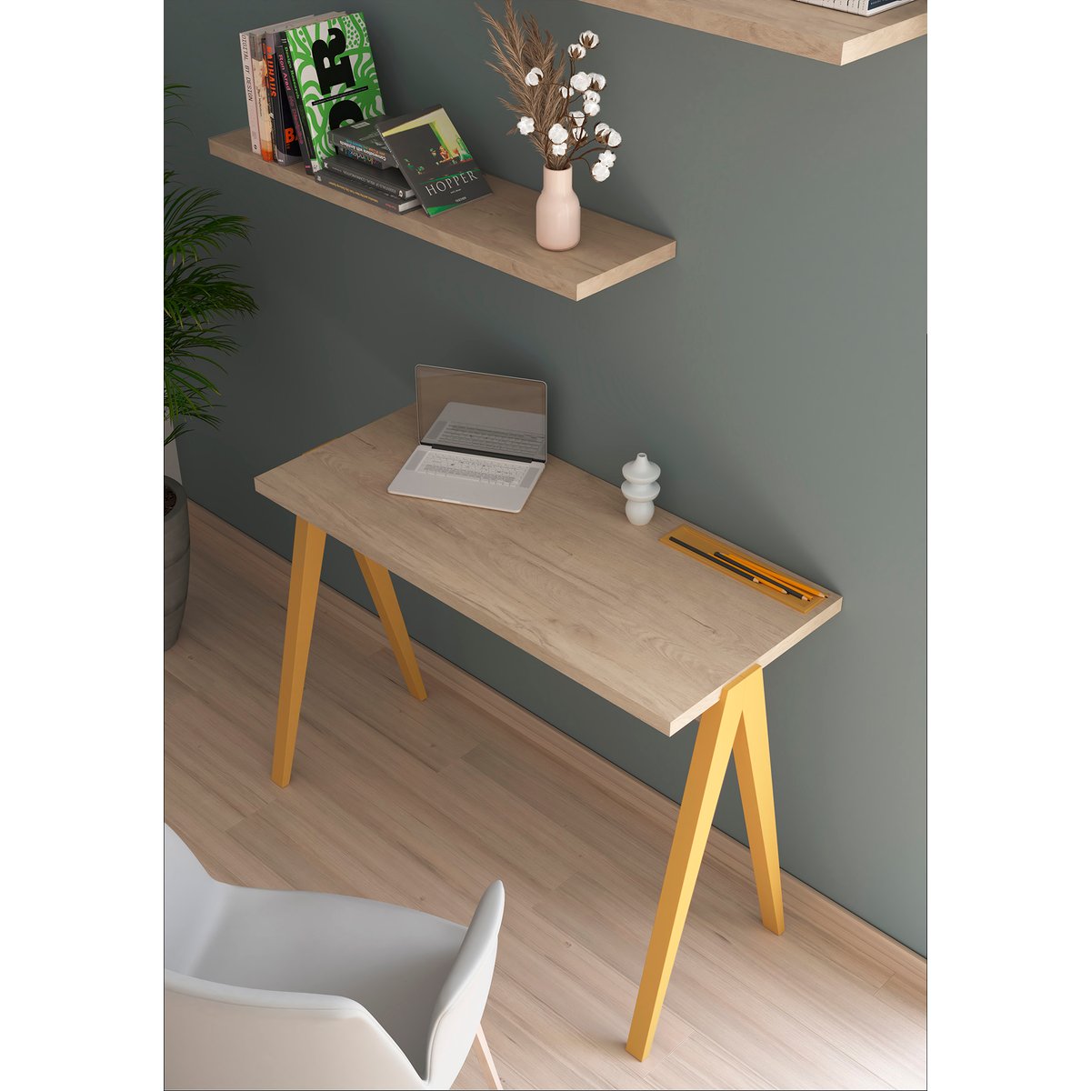 Bureau en placard et hêtre cérusée, COLMAR chêne clair-jaune, HERDASA