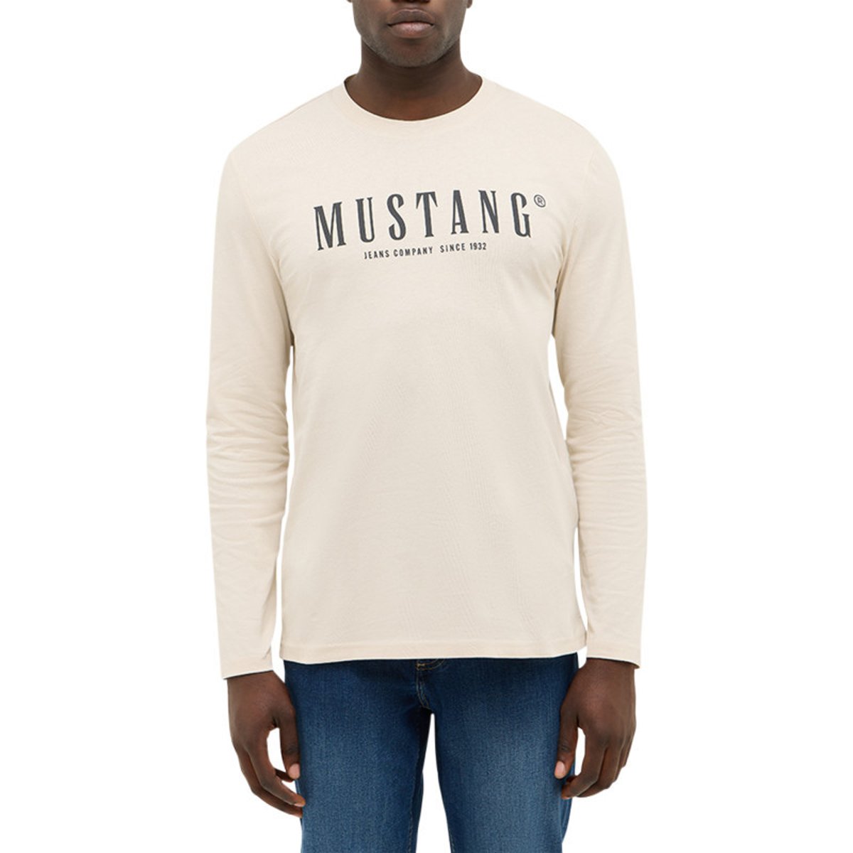 T-shirt en coton beige à col rond orné d'un logo oversize à l'avant beige, MUSTANG