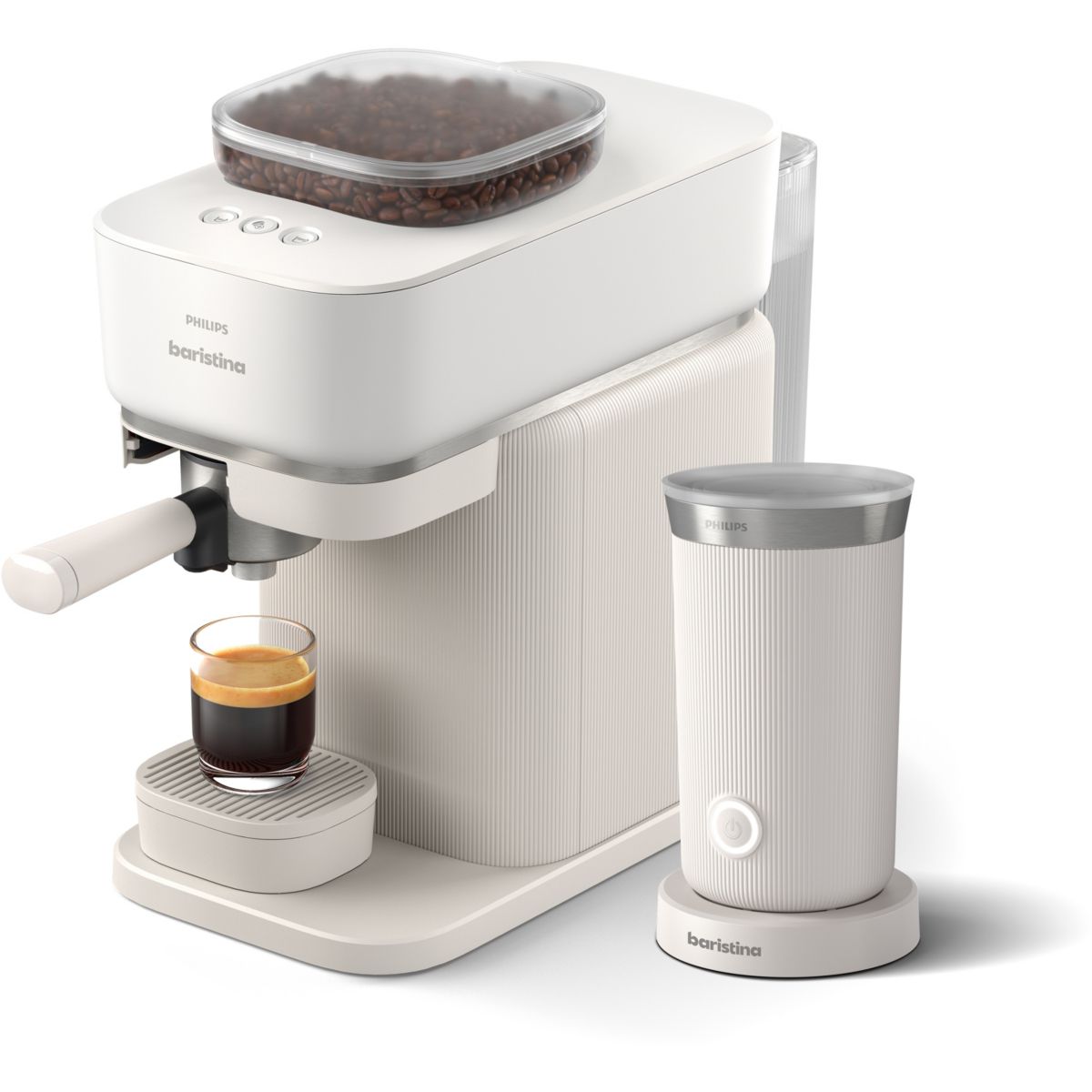 Machine à expresso Baristina BAR303/00 cafetière à grain Blanche + mousseur à Lait couleur unique, PHILIPS